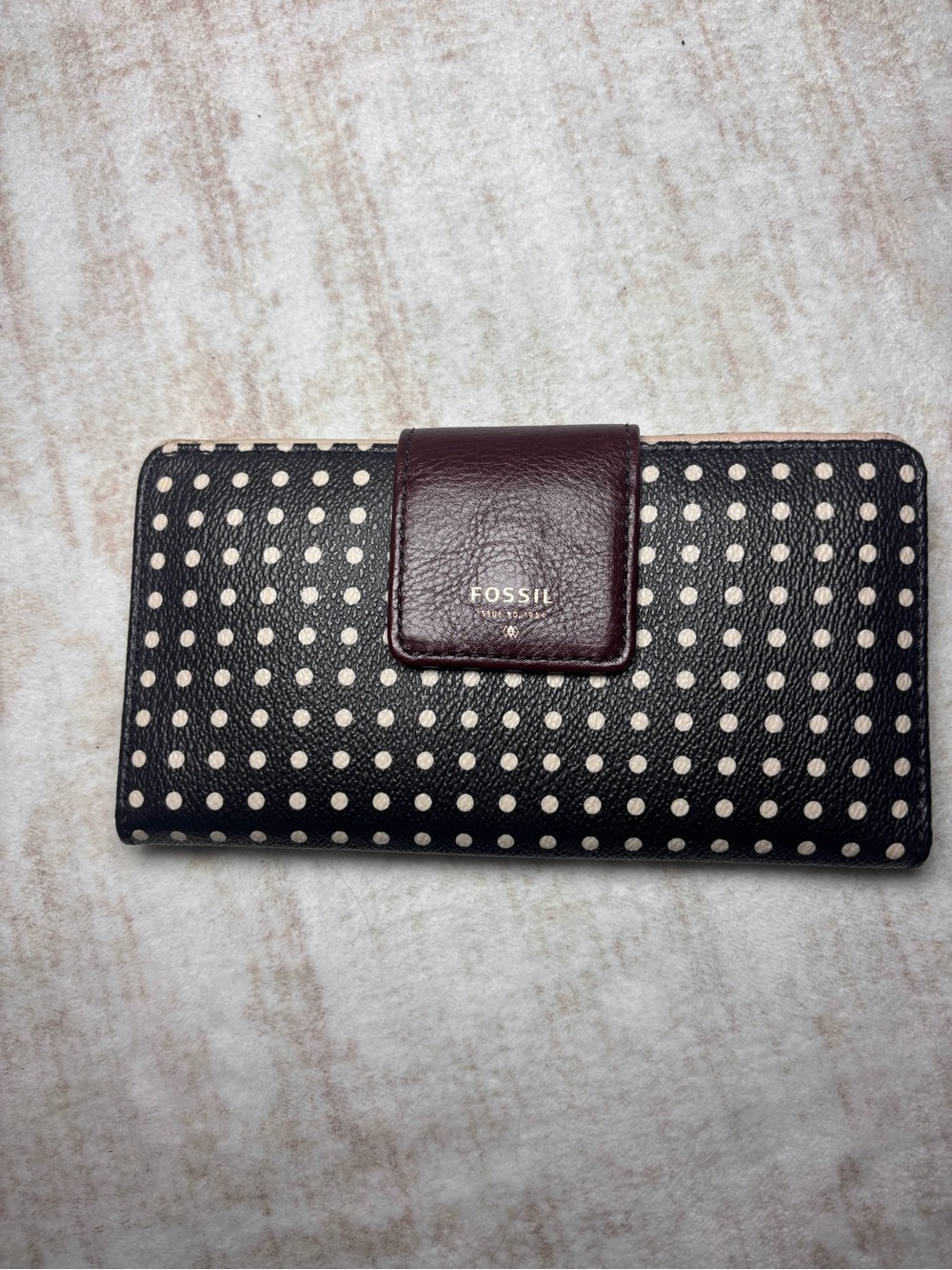Fossil Black Wallet with Cream Polka Dots and Burgundy Snap